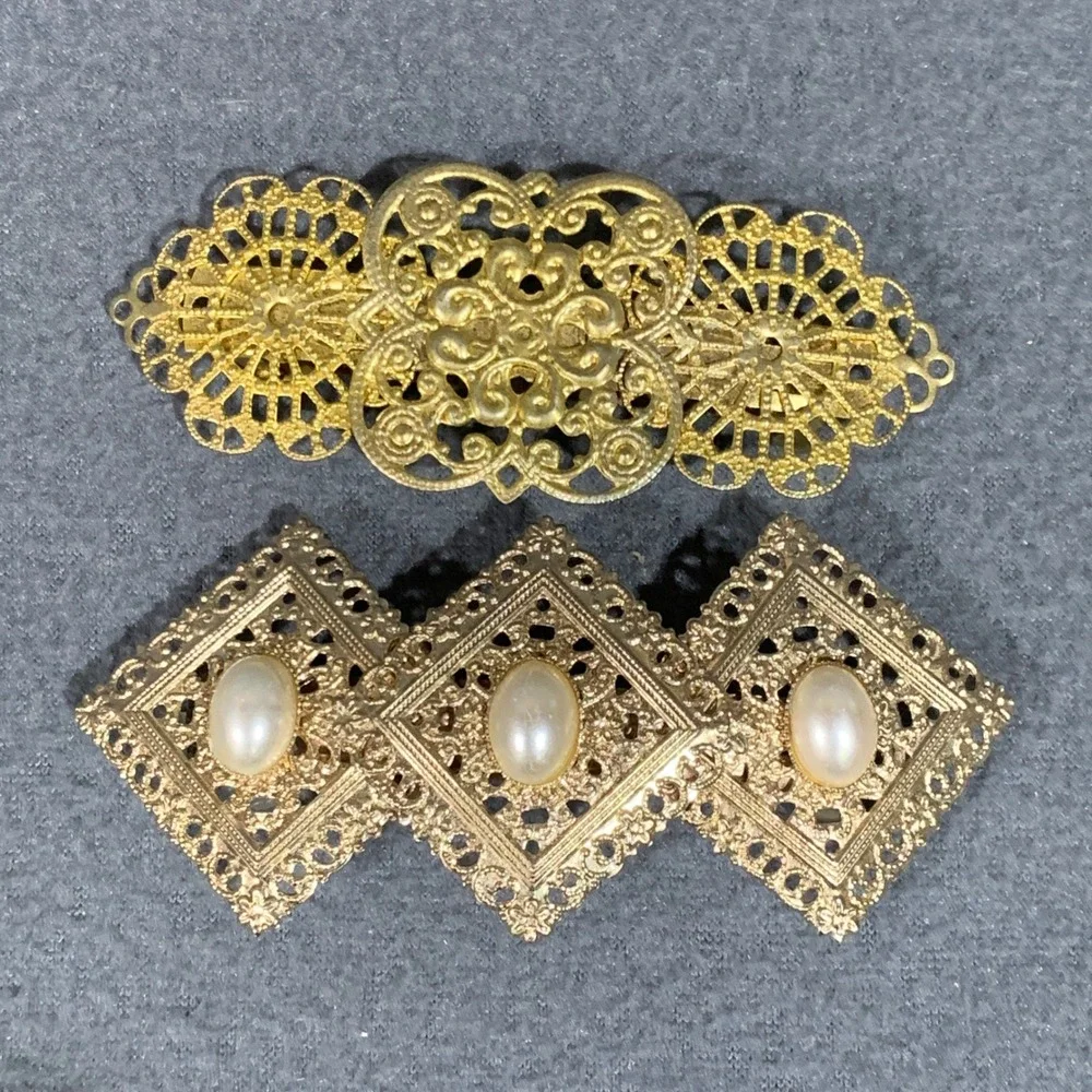 Vintage Gold Tone Hair Clip Barrettes Ornate Faux Pearl Accent‎ Set of 2 Preppy